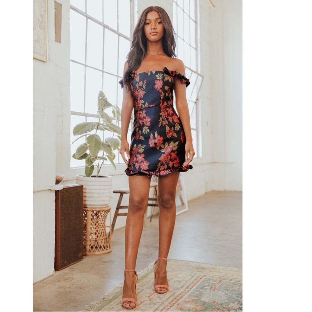 Lulu’s Pop The Bottle Navy Blue Floral Jacquard Ruffled Mini Dress - Picture 5 of 10